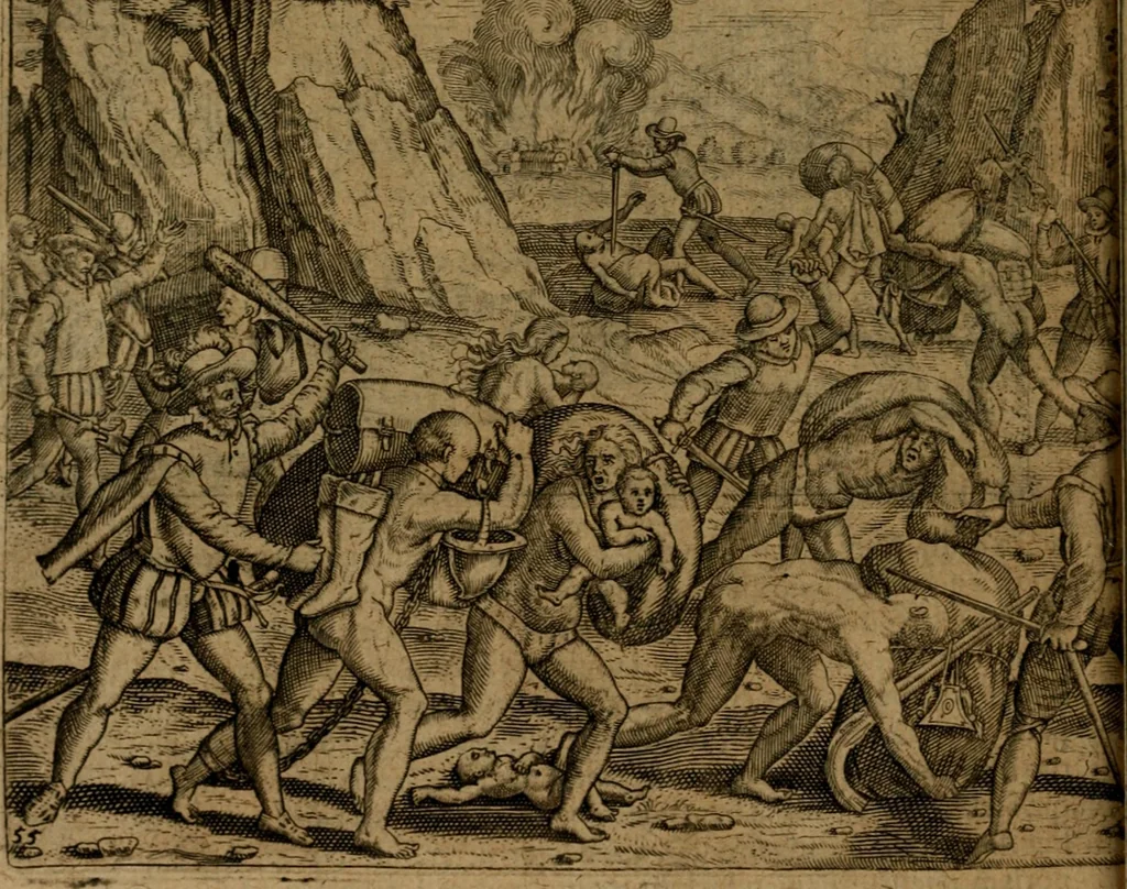 An illustration from Narratio regionum indicarum per Hispanos quosdam devastatarum verissima, 1614, leaf 61