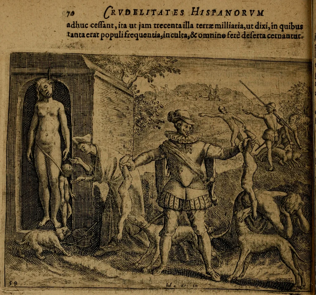 An illustration from Narratio regionum indicarum per Hispanos quosdam devastatarum verissima, 1614, leaf 65