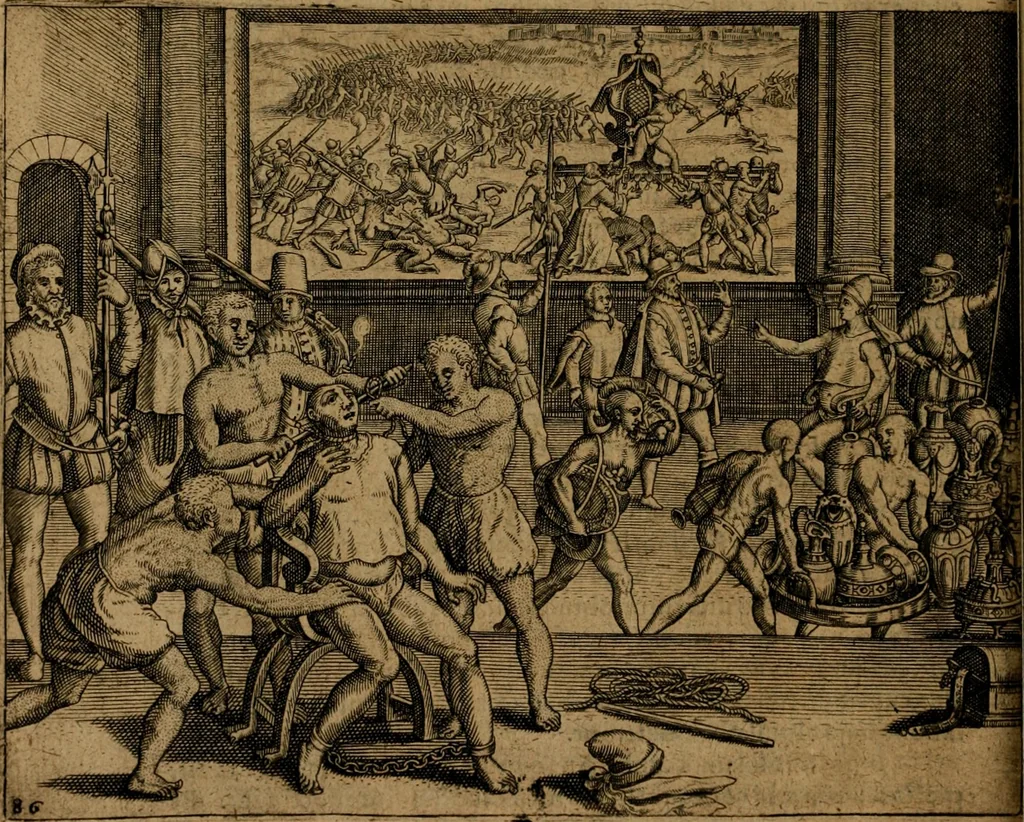 An illustration from Narratio regionum indicarum per Hispanos quosdam devastatarum verissima, 1614, leaf 87