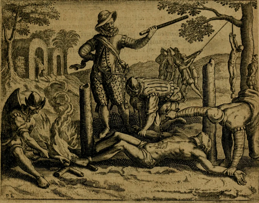 An illustration from Narratio regionum indicarum per Hispanos quosdam devastatarum verissima, 1614, leaf 94