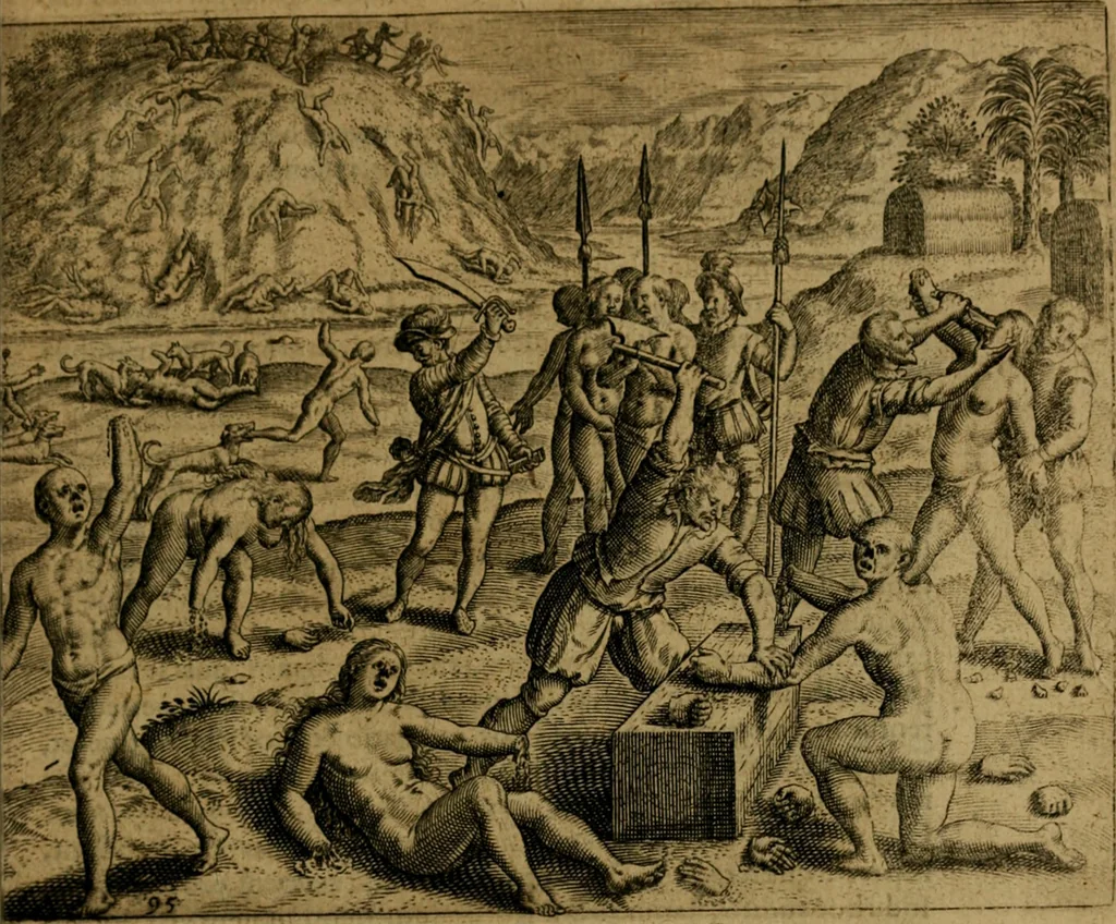 An illustration from Narratio regionum indicarum per Hispanos quosdam devastatarum verissima, 1614, leaf 96