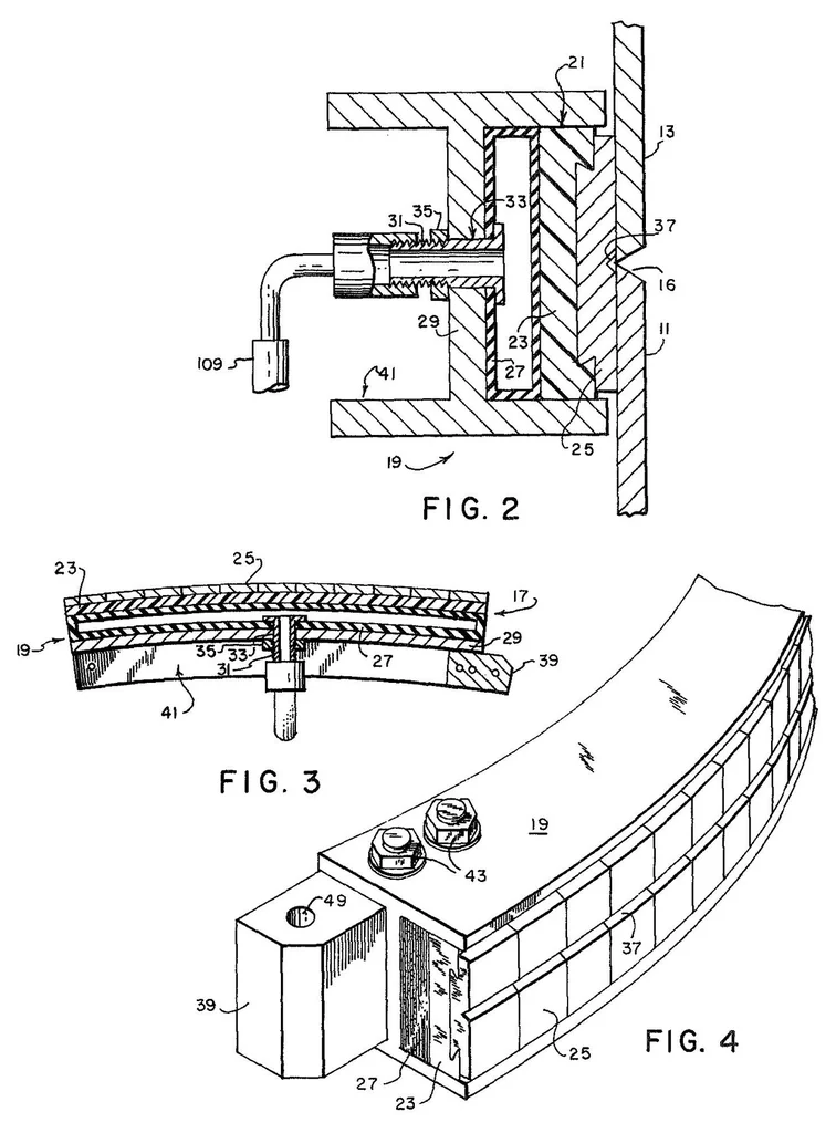 An illustration from Segmented back-up bar Patent, 1966, leaf 1