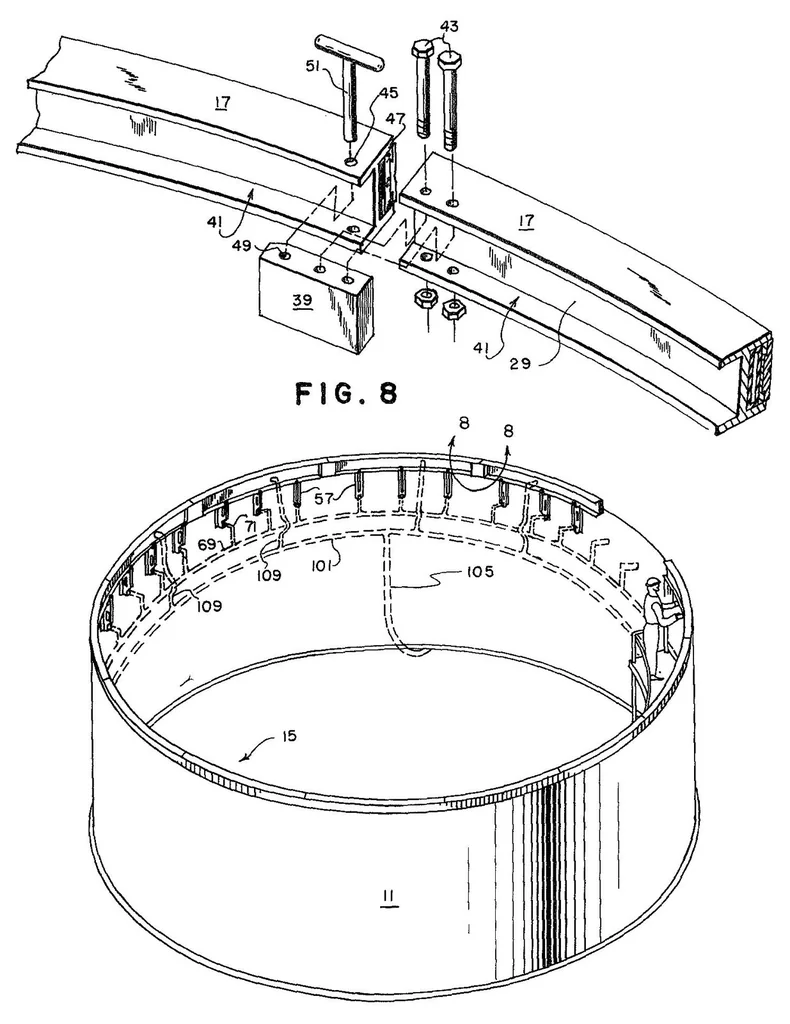 An illustration from Segmented back-up bar Patent, 1966, leaf 3