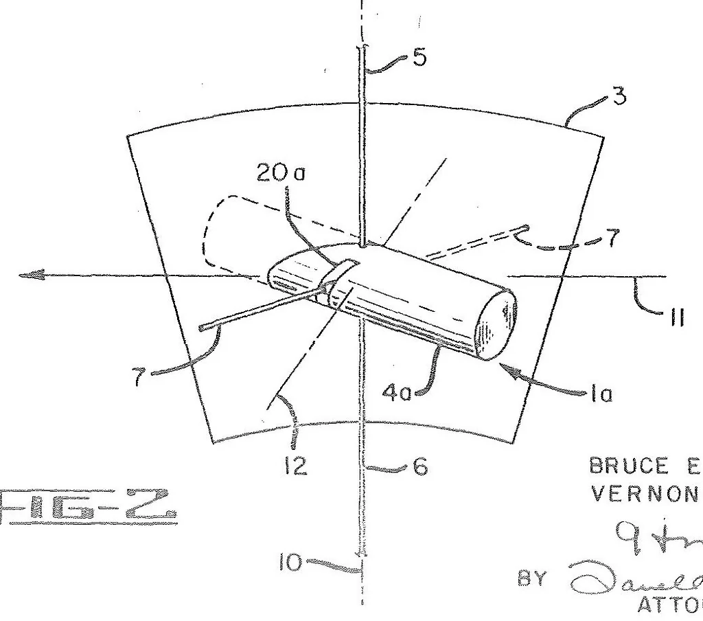 An illustration from Stabilization of gravity oriented satellites Patent, 1966, leaf 1