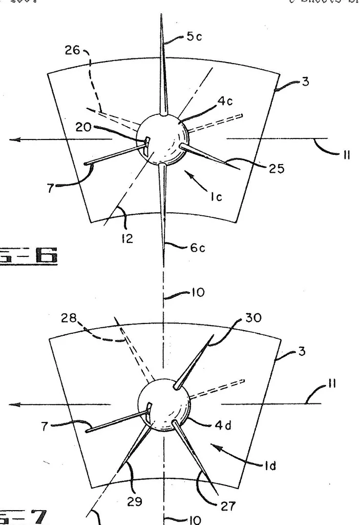 An illustration from Stabilization of gravity oriented satellites Patent, 1966, leaf 3