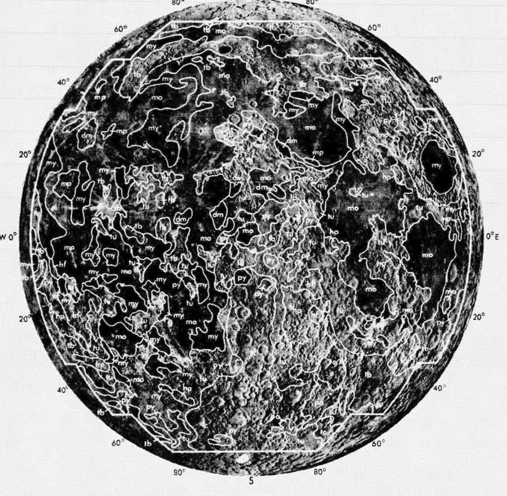 An illustration from Geological provinces of the near side of the moon, 1974, leaf 1