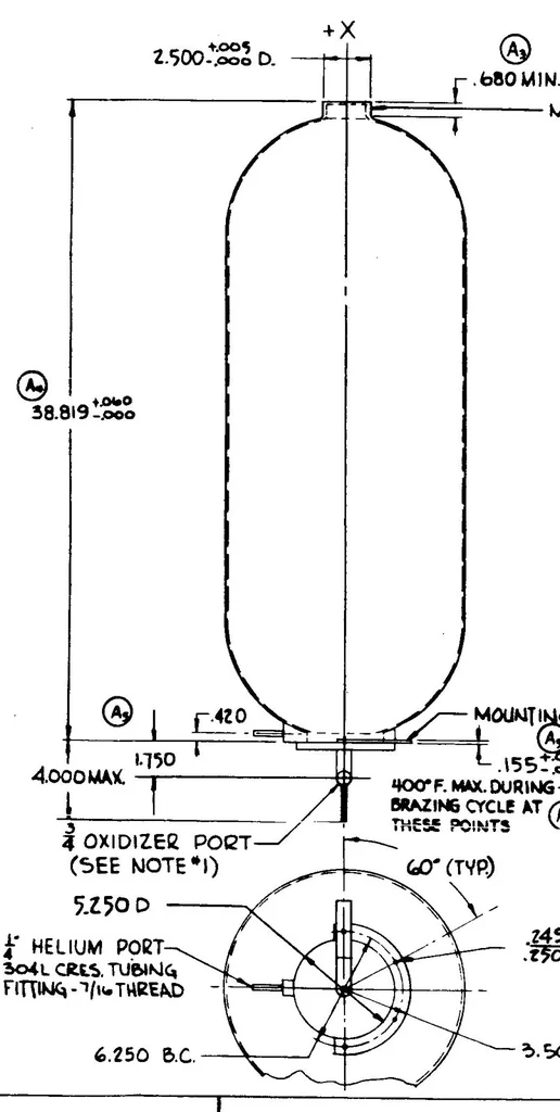 An illustration from Specification for tank assemblies, positive expulsion, propellant reaction control subsystem design control, 1964, leaf 73