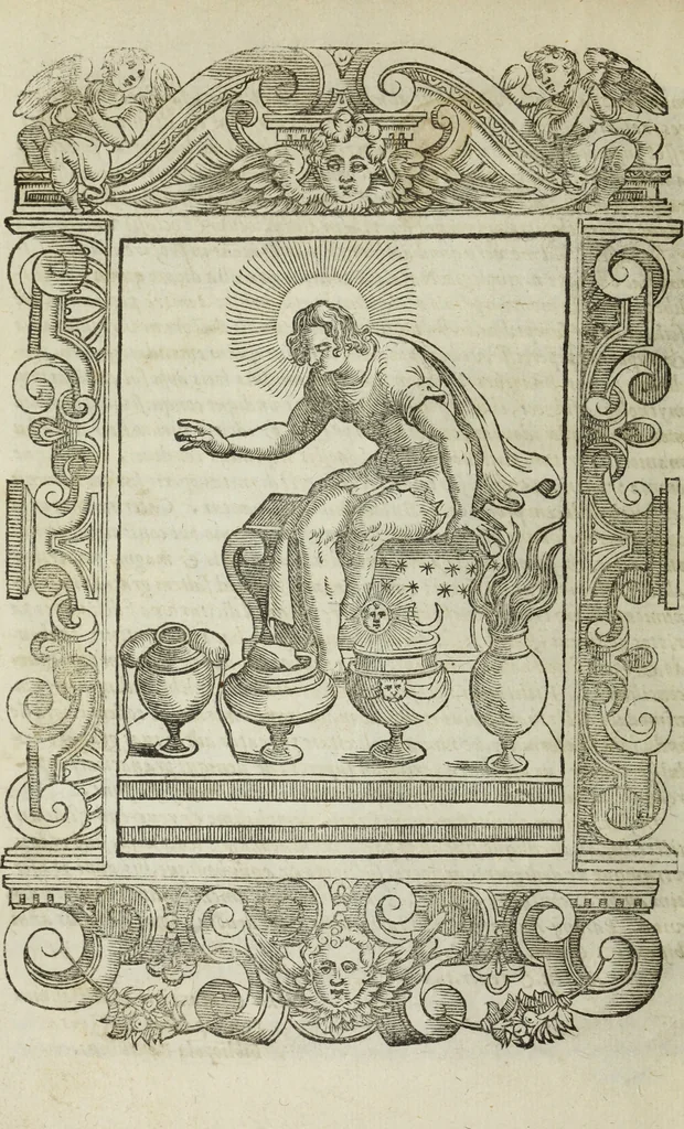 An illustration from Natalis Comitis Mythologiae, siue, Explicationis fabularum libri decem; in quibvs omnia prope naturalis et moralis philosophiae dogmata in veterum fabulis contenta fuisse perspicuè demonstratur, 1616, leaf 11