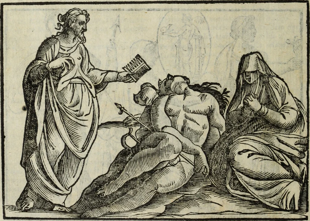 An illustration from Natalis Comitis Mythologiae, siue, Explicationis fabularum libri decem; in quibvs omnia prope naturalis et moralis philosophiae dogmata in veterum fabulis contenta fuisse perspicuè demonstratur, 1616, leaf 255