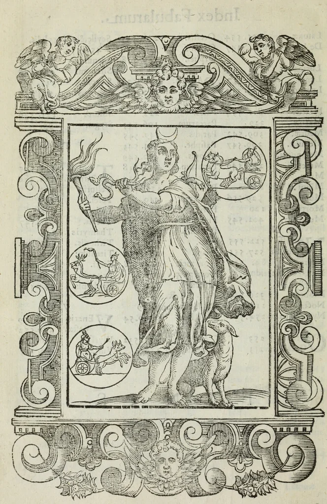 An illustration from Natalis Comitis Mythologiae, siue, Explicationis fabularum libri decem; in quibvs omnia prope naturalis et moralis philosophiae dogmata in veterum fabulis contenta fuisse perspicuè demonstratur, 1616, leaf 47