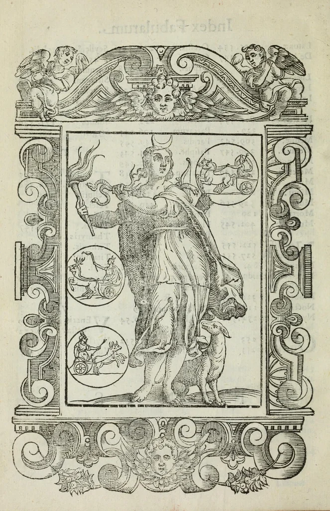 An illustration from Natalis Comitis Mythologiae, siue, Explicationis fabularum libri decem; in quibvs omnia prope naturalis et moralis philosophiae dogmata in veterum fabulis contenta fuisse perspicuè demonstratur, 1616, leaf 48