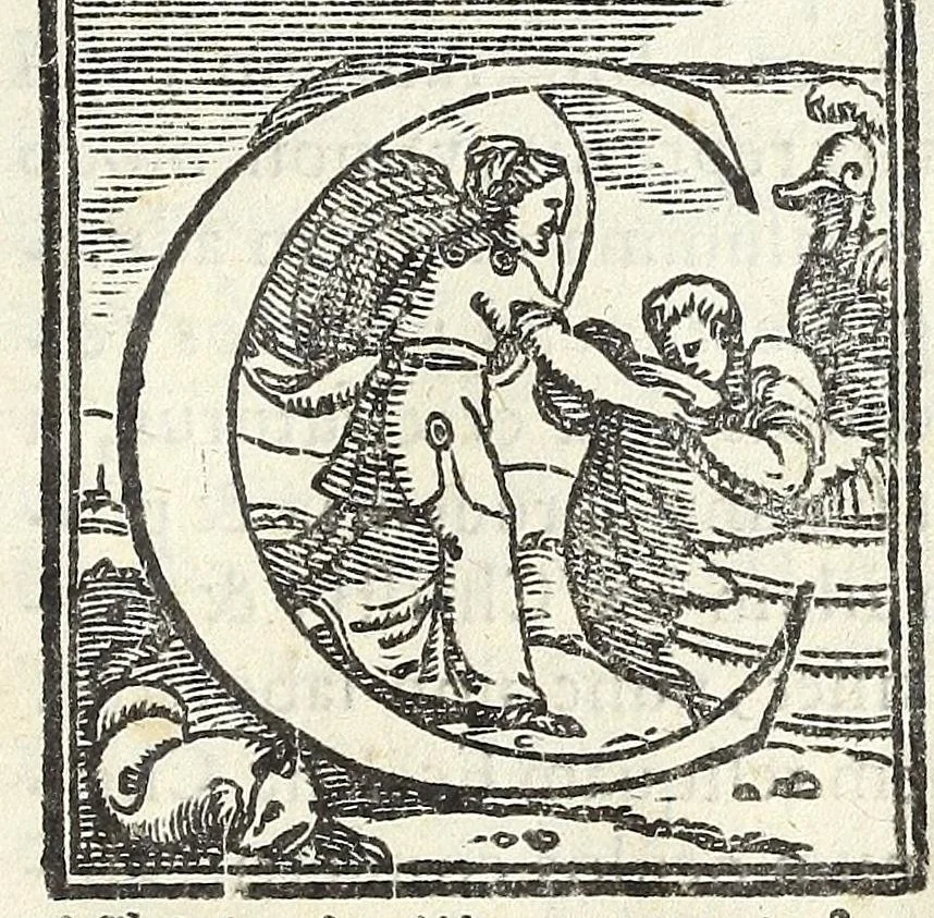 An illustration from Natalis Comitis mythologiae, siue, Explicationum fabularum libri decem : in quibus omnia prope naturalis & moralis philosophi[ae] dogmata sub antiquorum fabulis contenta suisse demonstratur : cum locupletissimis indicibus eorum scriptorum, qui in his libris citantur, rerumq́ue notabilium, & multorum nominum ad fabulas pertinentium explicationibus : opus non tantum humanarum, sed etiam sacrarum literarum & philosophiae studiosis perutile, ac propè necessarium : cum priuilegio, 1568, leaf 5