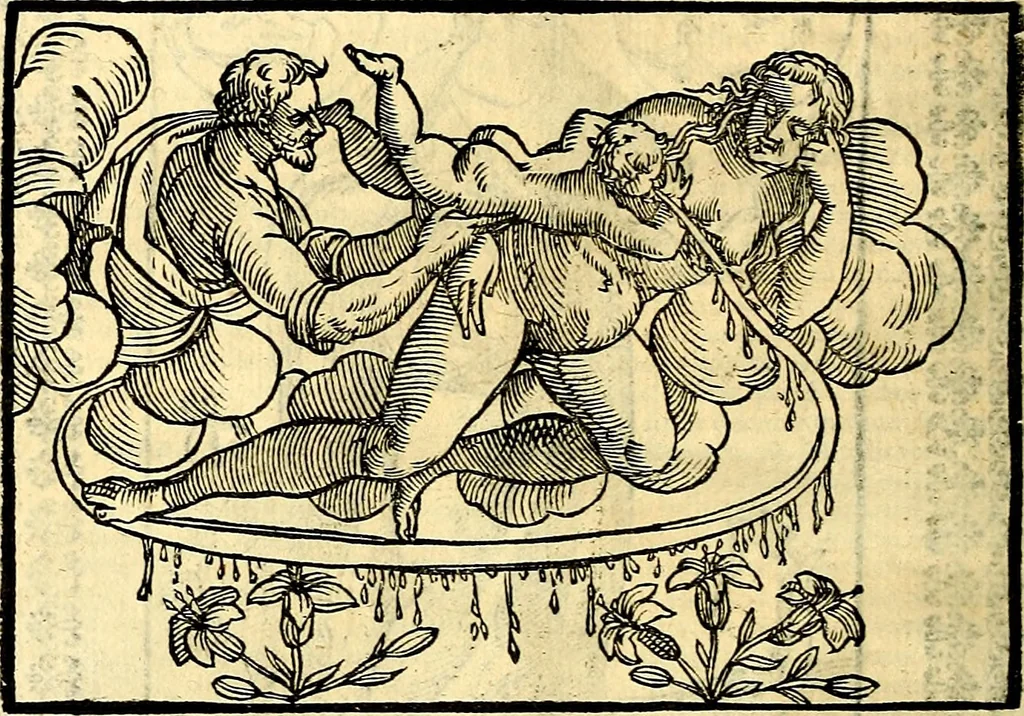 An illustration from Natalis Comitis Mythologiae sive Explicationis fabvlarvm libri decem, in qvibvs omnia prope natvralis et moralis philosophiæ dogmata in veterum fabulis contenta fuisse perspicuè demonstratur, 1616, leaf 115