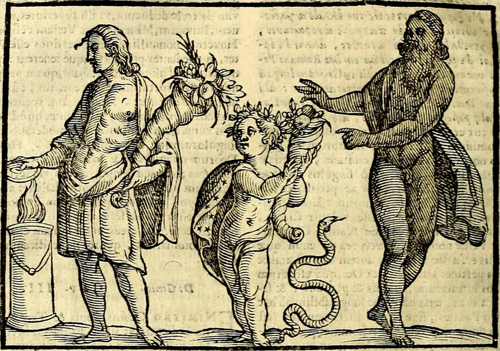 An illustration from Natalis Comitis Mythologiae sive Explicationis fabvlarvm libri decem, in qvibvs omnia prope natvralis et moralis philosophiæ dogmata in veterum fabulis contenta fuisse perspicuè demonstratur, 1616, leaf 201