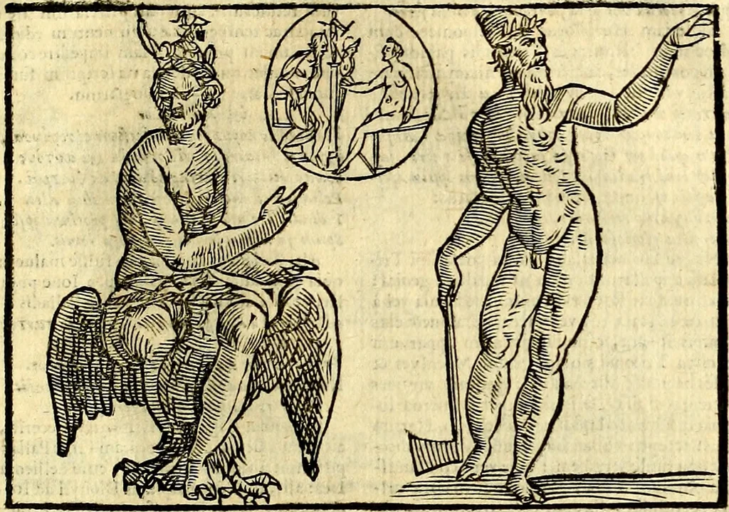 An illustration from Natalis Comitis Mythologiae sive Explicationis fabvlarvm libri decem, in qvibvs omnia prope natvralis et moralis philosophiæ dogmata in veterum fabulis contenta fuisse perspicuè demonstratur, 1616, leaf 204