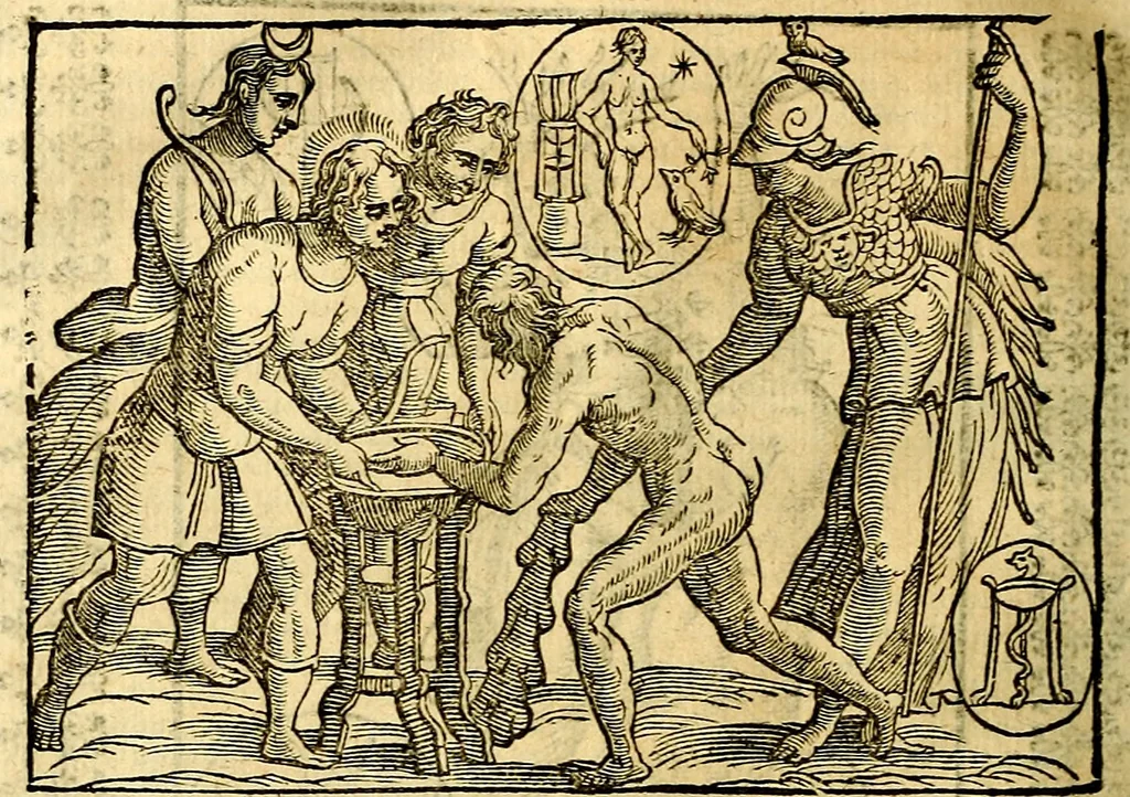 An illustration from Natalis Comitis Mythologiae sive Explicationis fabvlarvm libri decem, in qvibvs omnia prope natvralis et moralis philosophiæ dogmata in veterum fabulis contenta fuisse perspicuè demonstratur, 1616, leaf 233
