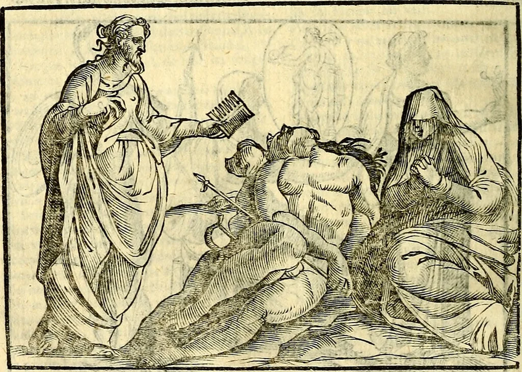 An illustration from Natalis Comitis Mythologiae sive Explicationis fabvlarvm libri decem, in qvibvs omnia prope natvralis et moralis philosophiæ dogmata in veterum fabulis contenta fuisse perspicuè demonstratur, 1616, leaf 253