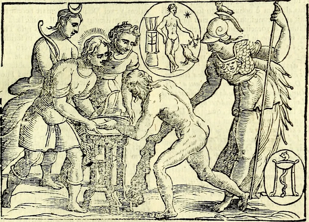 An illustration from Natalis Comitis Mythologiae sive Explicationis fabvlarvm libri decem, in qvibvs omnia prope natvralis et moralis philosophiæ dogmata in veterum fabulis contenta fuisse perspicuè demonstratur, 1616, leaf 416