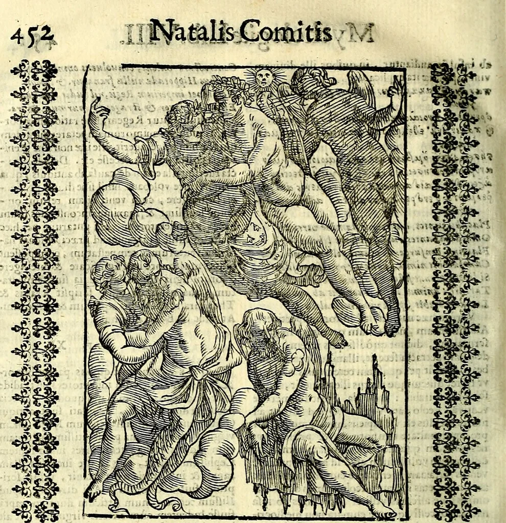 An illustration from Natalis Comitis Mythologiae sive Explicationis fabvlarvm libri decem, in qvibvs omnia prope natvralis et moralis philosophiæ dogmata in veterum fabulis contenta fuisse perspicuè demonstratur, 1616, leaf 499