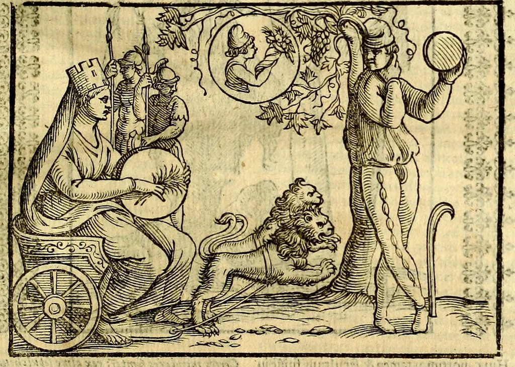 An illustration from Natalis Comitis Mythologiae sive Explicationis fabvlarvm libri decem, in qvibvs omnia prope natvralis et moralis philosophiæ dogmata in veterum fabulis contenta fuisse perspicuè demonstratur, 1616, leaf 94