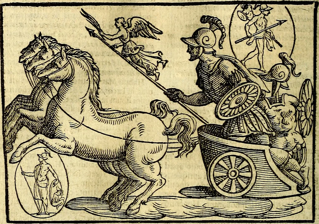 An illustration from Natalis Comitis Mythologiae, sive, Explicationis fabularum libri decem : in quibus omnia prope naturalis et moralis philosophiae dogmata in veterum fabulis contenta fuisse perspicuè demonstratur ... : accessit G. Linocerii Musarum mytholgia, & anonymi obseuationum in totam de dijs gentium narrationem libellus : adiectæ sunt ... editioni elegantissimæ deorum imagines, & eruditissimæ M. Antonij Tritonij Vtinensis .., 1637, leaf 129