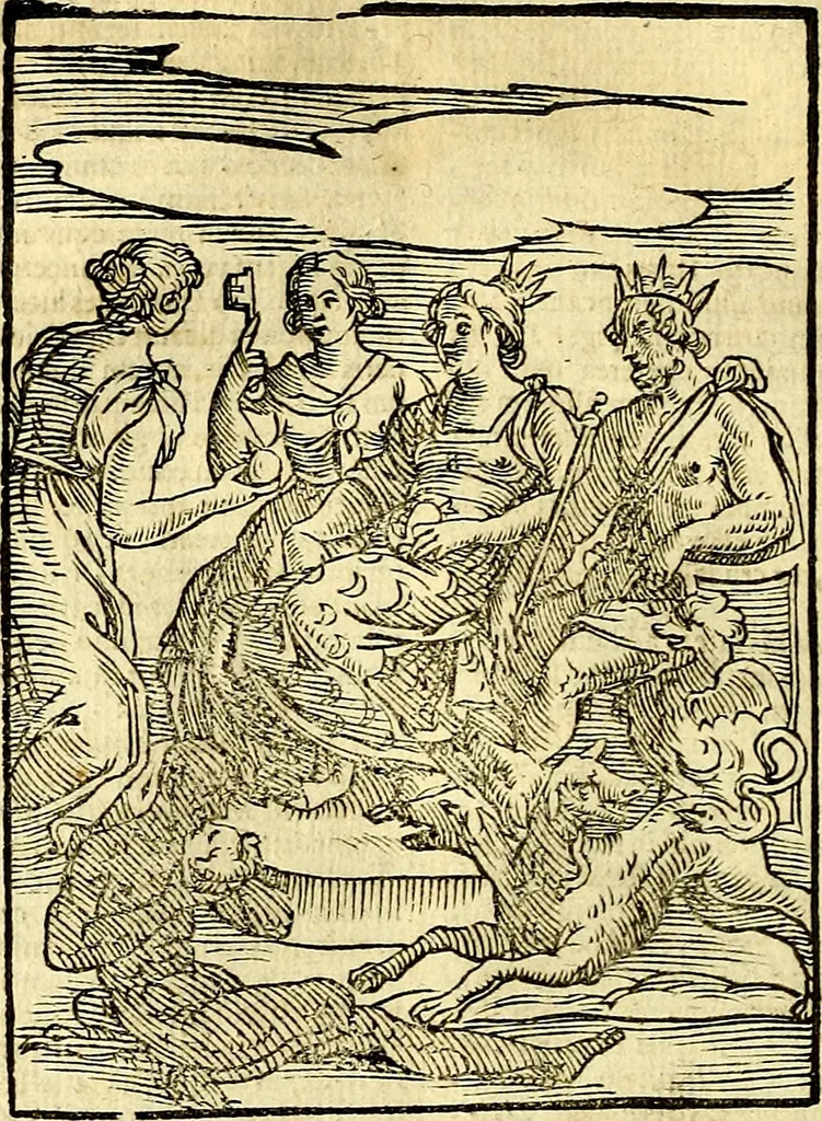An illustration from Natalis Comitis Mythologiae, sive, Explicationis fabularum libri decem : in quibus omnia prope naturalis et moralis philosophiae dogmata in veterum fabulis contenta fuisse perspicuè demonstratur ... : accessit G. Linocerii Musarum mytholgia, & anonymi obseuationum in totam de dijs gentium narrationem libellus : adiectæ sunt ... editioni elegantissimæ deorum imagines, & eruditissimæ M. Antonij Tritonij Vtinensis .., 1637, leaf 137