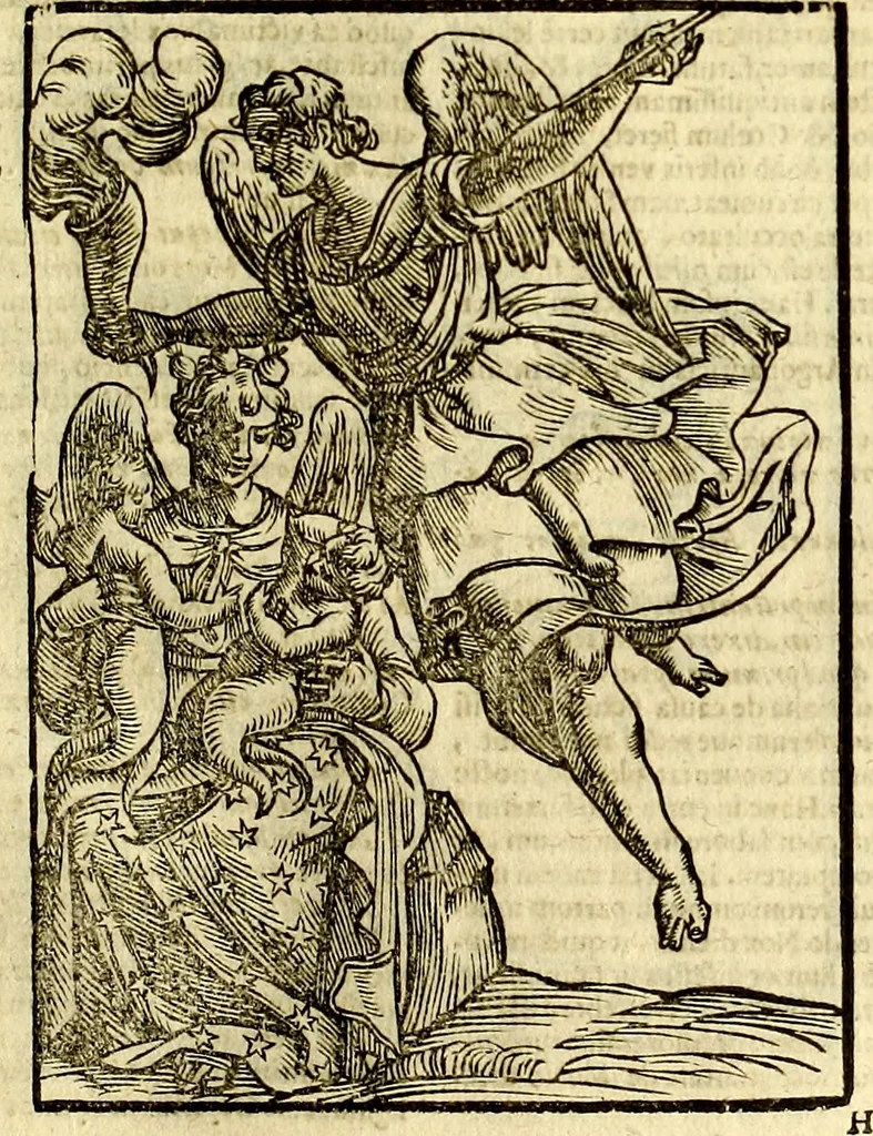 An illustration from Natalis Comitis Mythologiae, sive, Explicationis fabularum libri decem : in quibus omnia prope naturalis et moralis philosophiae dogmata in veterum fabulis contenta fuisse perspicuè demonstratur ... : accessit G. Linocerii Musarum mytholgia, & anonymi obseuationum in totam de dijs gentium narrationem libellus : adiectæ sunt ... editioni elegantissimæ deorum imagines, & eruditissimæ M. Antonij Tritonij Vtinensis .., 1637, leaf 166