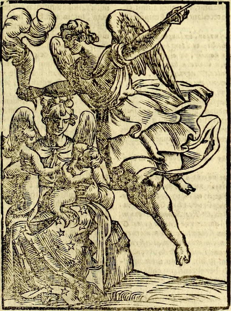 An illustration from Natalis Comitis Mythologiae, sive, Explicationis fabularum libri decem : in quibus omnia prope naturalis et moralis philosophiae dogmata in veterum fabulis contenta fuisse perspicuè demonstratur ... : accessit G. Linocerii Musarum mytholgia, & anonymi obseuationum in totam de dijs gentium narrationem libellus : adiectæ sunt ... editioni elegantissimæ deorum imagines, & eruditissimæ M. Antonij Tritonij Vtinensis .., 1637, leaf 168
