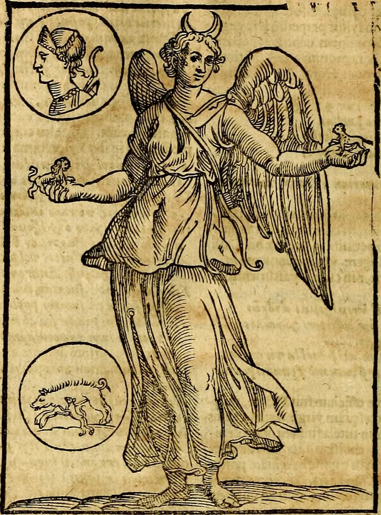 An illustration from Natalis Comitis Mythologiae, sive, Explicationis fabularum libri decem : in quibus omnia prope naturalis et moralis philosophiae dogmata in veterum fabulis contenta fuisse perspicuè demonstratur ... : accessit G. Linocerii Musarum mytholgia, & anonymi obseuationum in totam de dijs gentium narrationem libellus : adiectæ sunt ... editioni elegantissimæ deorum imagines, & eruditissimæ M. Antonij Tritonij Vtinensis .., 1637, leaf 187