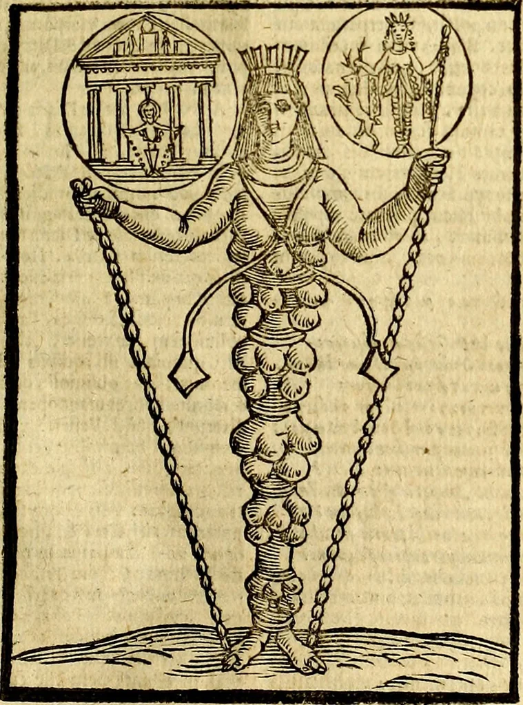 An illustration from Natalis Comitis Mythologiae, sive, Explicationis fabularum libri decem : in quibus omnia prope naturalis et moralis philosophiae dogmata in veterum fabulis contenta fuisse perspicuè demonstratur ... : accessit G. Linocerii Musarum mytholgia, & anonymi obseuationum in totam de dijs gentium narrationem libellus : adiectæ sunt ... editioni elegantissimæ deorum imagines, & eruditissimæ M. Antonij Tritonij Vtinensis .., 1637, leaf 188