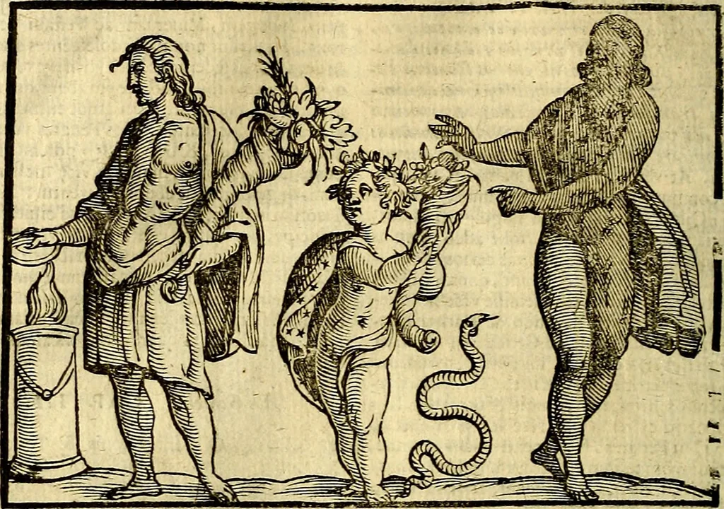 An illustration from Natalis Comitis Mythologiae, sive, Explicationis fabularum libri decem : in quibus omnia prope naturalis et moralis philosophiae dogmata in veterum fabulis contenta fuisse perspicuè demonstratur ... : accessit G. Linocerii Musarum mytholgia, & anonymi obseuationum in totam de dijs gentium narrationem libellus : adiectæ sunt ... editioni elegantissimæ deorum imagines, & eruditissimæ M. Antonij Tritonij Vtinensis .., 1637, leaf 201