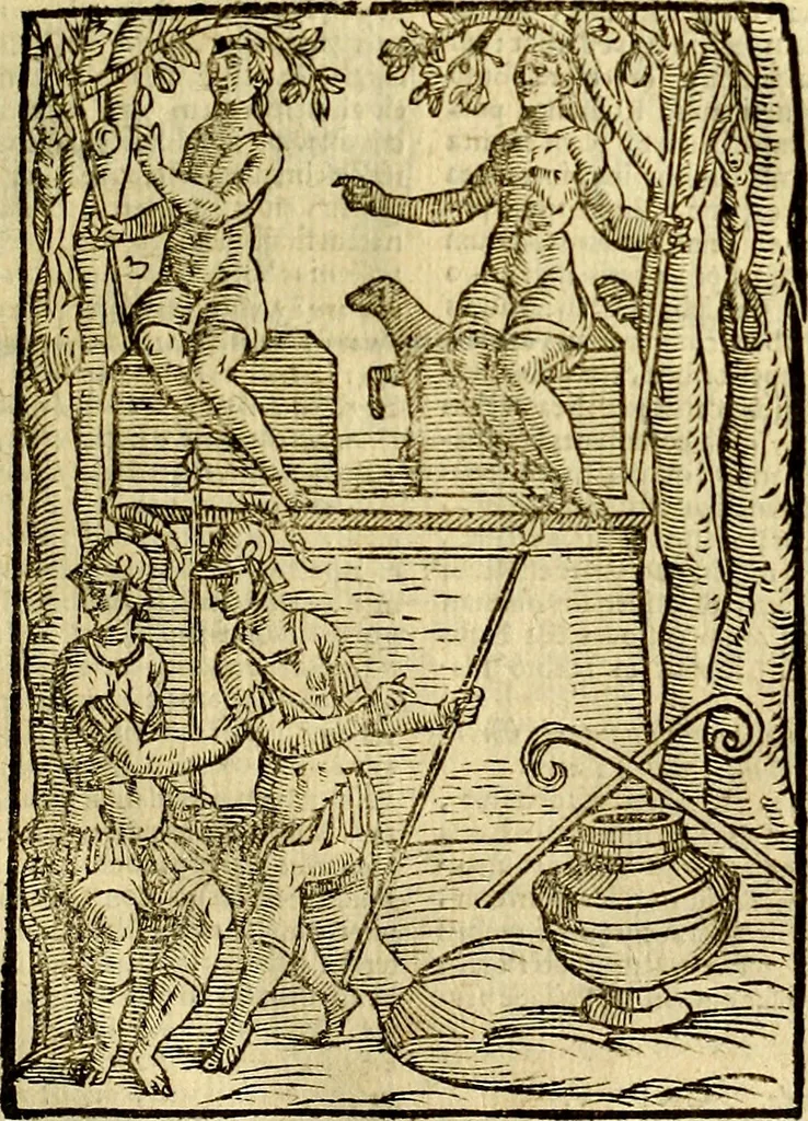 An illustration from Natalis Comitis Mythologiae, sive, Explicationis fabularum libri decem : in quibus omnia prope naturalis et moralis philosophiae dogmata in veterum fabulis contenta fuisse perspicuè demonstratur ... : accessit G. Linocerii Musarum mytholgia, & anonymi obseuationum in totam de dijs gentium narrationem libellus : adiectæ sunt ... editioni elegantissimæ deorum imagines, & eruditissimæ M. Antonij Tritonij Vtinensis .., 1637, leaf 202