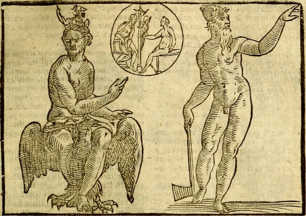 An illustration from Natalis Comitis Mythologiae, sive, Explicationis fabularum libri decem : in quibus omnia prope naturalis et moralis philosophiae dogmata in veterum fabulis contenta fuisse perspicuè demonstratur ... : accessit G. Linocerii Musarum mytholgia, & anonymi obseuationum in totam de dijs gentium narrationem libellus : adiectæ sunt ... editioni elegantissimæ deorum imagines, & eruditissimæ M. Antonij Tritonij Vtinensis .., 1637, leaf 204
