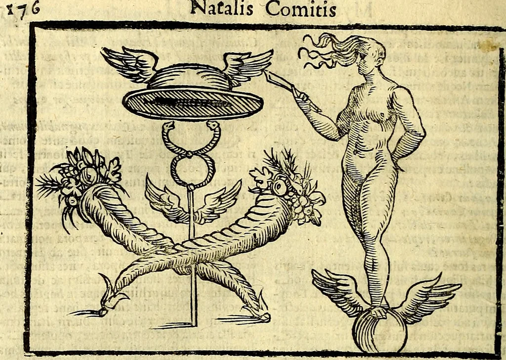An illustration from Natalis Comitis Mythologiae, sive, Explicationis fabularum libri decem : in quibus omnia prope naturalis et moralis philosophiae dogmata in veterum fabulis contenta fuisse perspicuè demonstratur ... : accessit G. Linocerii Musarum mytholgia, & anonymi obseuationum in totam de dijs gentium narrationem libellus : adiectæ sunt ... editioni elegantissimæ deorum imagines, & eruditissimæ M. Antonij Tritonij Vtinensis .., 1637, leaf 223