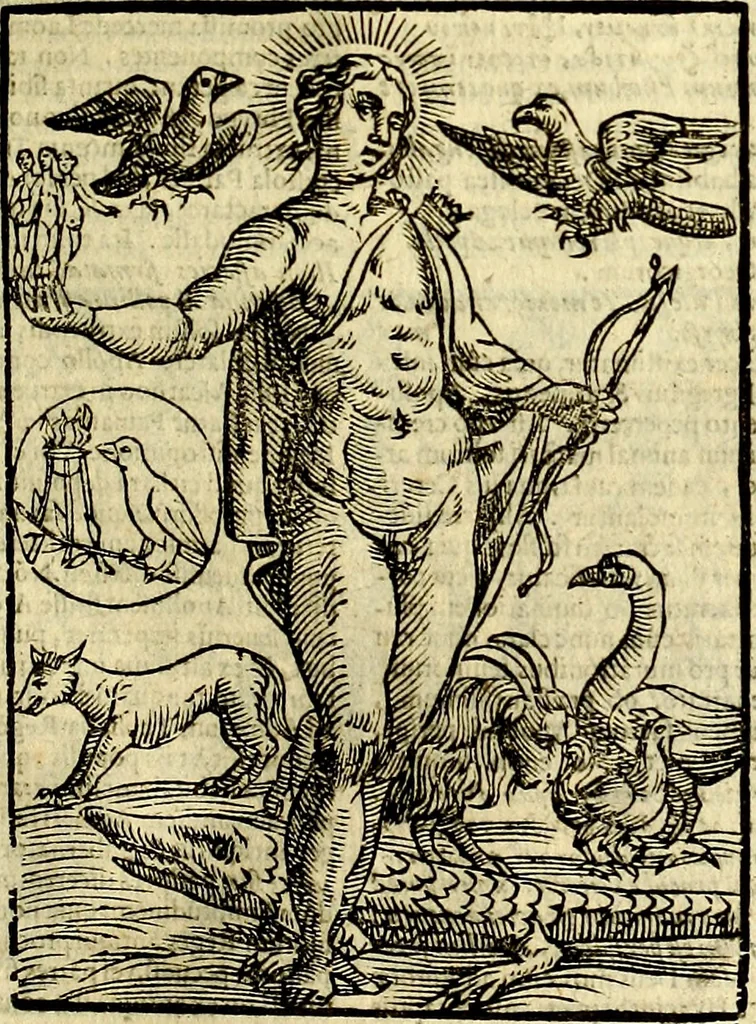An illustration from Natalis Comitis Mythologiae, sive, Explicationis fabularum libri decem : in quibus omnia prope naturalis et moralis philosophiae dogmata in veterum fabulis contenta fuisse perspicuè demonstratur ... : accessit G. Linocerii Musarum mytholgia, & anonymi obseuationum in totam de dijs gentium narrationem libellus : adiectæ sunt ... editioni elegantissimæ deorum imagines, & eruditissimæ M. Antonij Tritonij Vtinensis .., 1637, leaf 228
