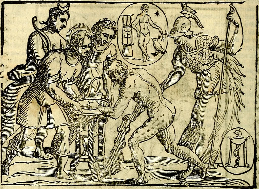An illustration from Natalis Comitis Mythologiae, sive, Explicationis fabularum libri decem : in quibus omnia prope naturalis et moralis philosophiae dogmata in veterum fabulis contenta fuisse perspicuè demonstratur ... : accessit G. Linocerii Musarum mytholgia, & anonymi obseuationum in totam de dijs gentium narrationem libellus : adiectæ sunt ... editioni elegantissimæ deorum imagines, & eruditissimæ M. Antonij Tritonij Vtinensis .., 1637, leaf 233