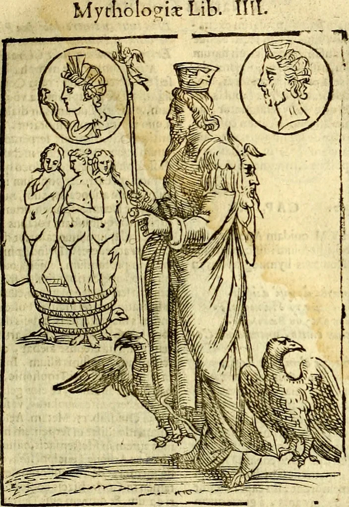 An illustration from Natalis Comitis Mythologiae, sive, Explicationis fabularum libri decem : in quibus omnia prope naturalis et moralis philosophiae dogmata in veterum fabulis contenta fuisse perspicuè demonstratur ... : accessit G. Linocerii Musarum mytholgia, & anonymi obseuationum in totam de dijs gentium narrationem libellus : adiectæ sunt ... editioni elegantissimæ deorum imagines, & eruditissimæ M. Antonij Tritonij Vtinensis .., 1637, leaf 240