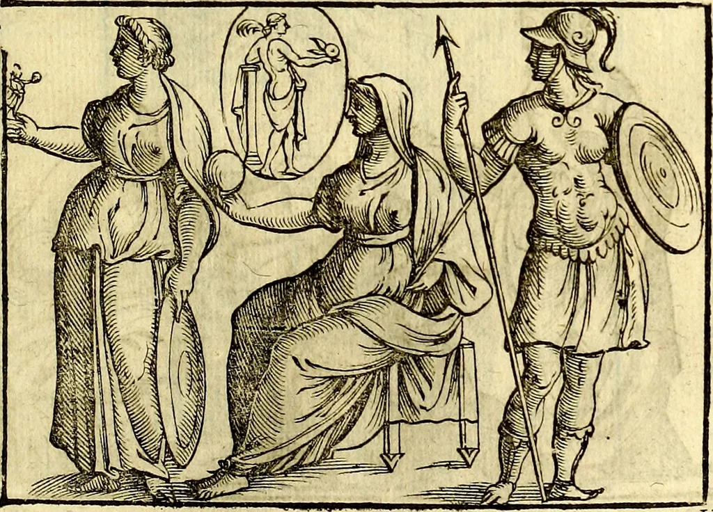 An illustration from Natalis Comitis Mythologiae, sive, Explicationis fabularum libri decem : in quibus omnia prope naturalis et moralis philosophiae dogmata in veterum fabulis contenta fuisse perspicuè demonstratur ... : accessit G. Linocerii Musarum mytholgia, & anonymi obseuationum in totam de dijs gentium narrationem libellus : adiectæ sunt ... editioni elegantissimæ deorum imagines, & eruditissimæ M. Antonij Tritonij Vtinensis .., 1637, leaf 252