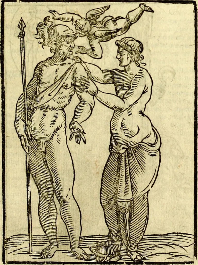 An illustration from Natalis Comitis Mythologiae, sive, Explicationis fabularum libri decem : in quibus omnia prope naturalis et moralis philosophiae dogmata in veterum fabulis contenta fuisse perspicuè demonstratur ... : accessit G. Linocerii Musarum mytholgia, & anonymi obseuationum in totam de dijs gentium narrationem libellus : adiectæ sunt ... editioni elegantissimæ deorum imagines, & eruditissimæ M. Antonij Tritonij Vtinensis .., 1637, leaf 254