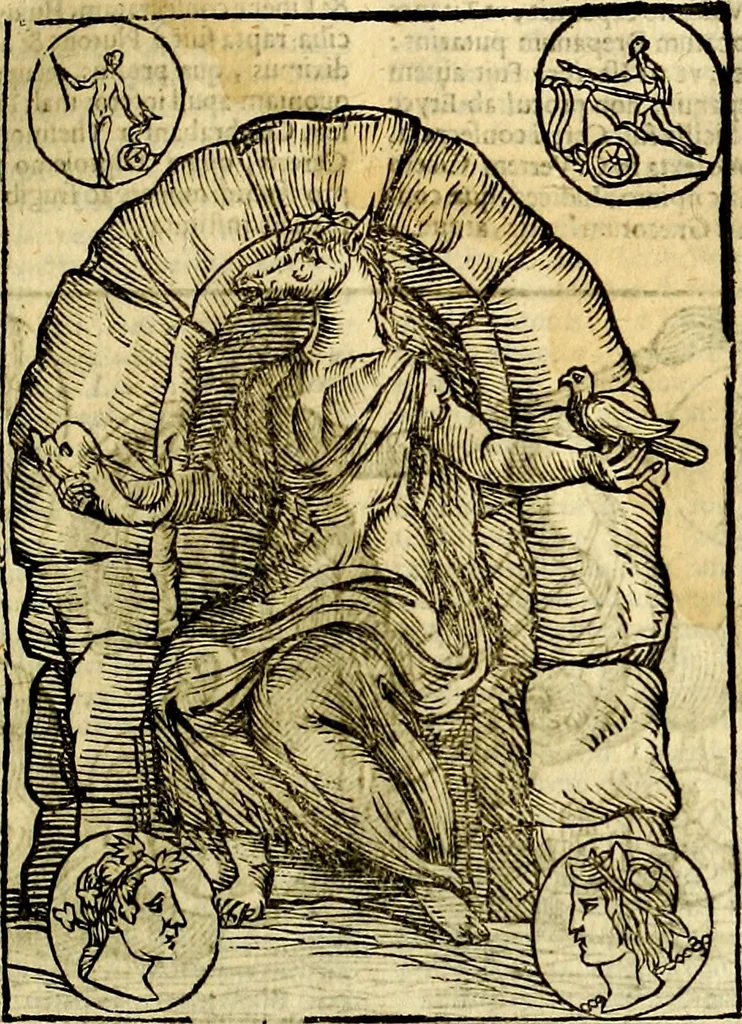 An illustration from Natalis Comitis Mythologiae, sive, Explicationis fabularum libri decem : in quibus omnia prope naturalis et moralis philosophiae dogmata in veterum fabulis contenta fuisse perspicuè demonstratur ... : accessit G. Linocerii Musarum mytholgia, & anonymi obseuationum in totam de dijs gentium narrationem libellus : adiectæ sunt ... editioni elegantissimæ deorum imagines, & eruditissimæ M. Antonij Tritonij Vtinensis .., 1637, leaf 324