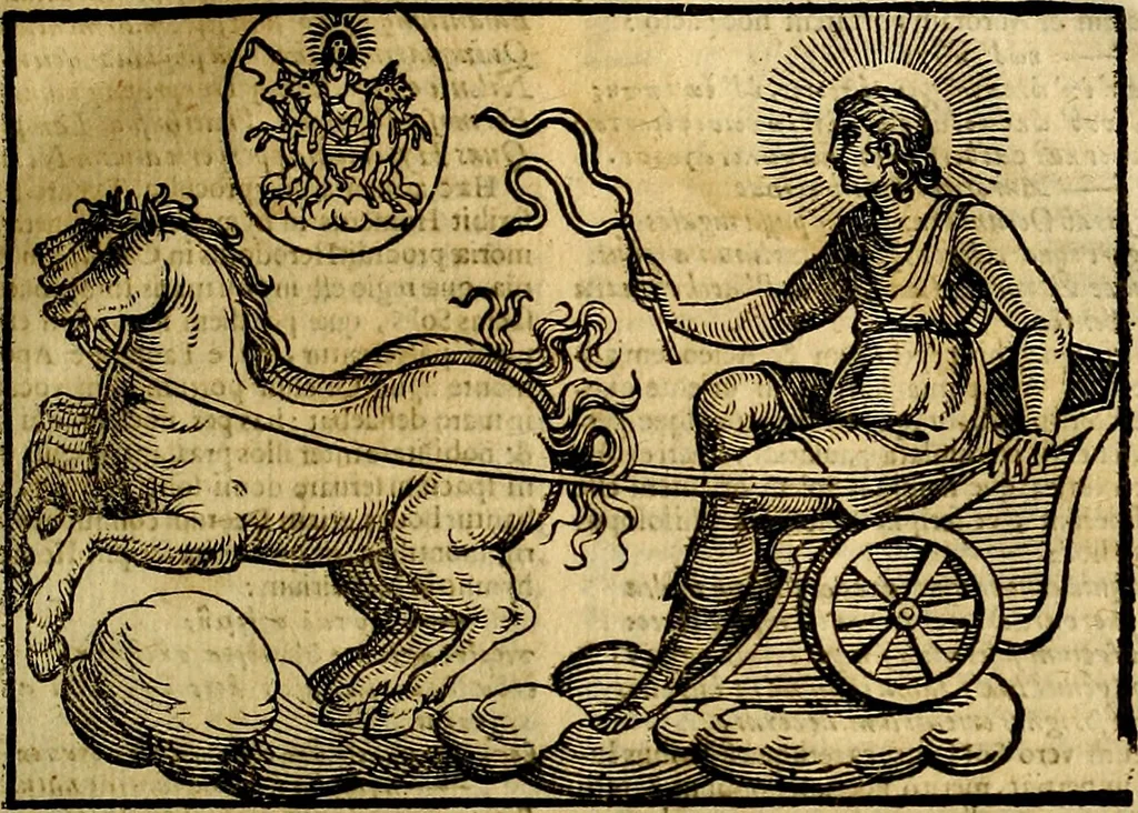 An illustration from Natalis Comitis Mythologiae, sive, Explicationis fabularum libri decem : in quibus omnia prope naturalis et moralis philosophiae dogmata in veterum fabulis contenta fuisse perspicuè demonstratur ... : accessit G. Linocerii Musarum mytholgia, & anonymi obseuationum in totam de dijs gentium narrationem libellus : adiectæ sunt ... editioni elegantissimæ deorum imagines, & eruditissimæ M. Antonij Tritonij Vtinensis .., 1637, leaf 336