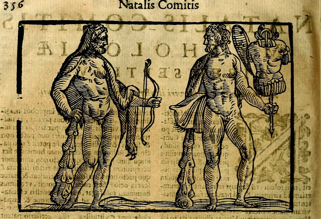 An illustration from Natalis Comitis Mythologiae, sive, Explicationis fabularum libri decem : in quibus omnia prope naturalis et moralis philosophiae dogmata in veterum fabulis contenta fuisse perspicuè demonstratur ... : accessit G. Linocerii Musarum mytholgia, & anonymi obseuationum in totam de dijs gentium narrationem libellus : adiectæ sunt ... editioni elegantissimæ deorum imagines, & eruditissimæ M. Antonij Tritonij Vtinensis .., 1637, leaf 403