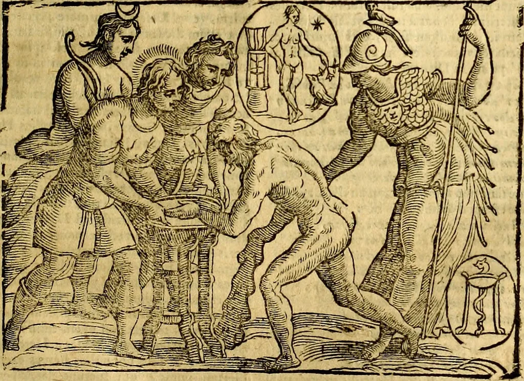 An illustration from Natalis Comitis Mythologiae, sive, Explicationis fabularum libri decem : in quibus omnia prope naturalis et moralis philosophiae dogmata in veterum fabulis contenta fuisse perspicuè demonstratur ... : accessit G. Linocerii Musarum mytholgia, & anonymi obseuationum in totam de dijs gentium narrationem libellus : adiectæ sunt ... editioni elegantissimæ deorum imagines, & eruditissimæ M. Antonij Tritonij Vtinensis .., 1637, leaf 416