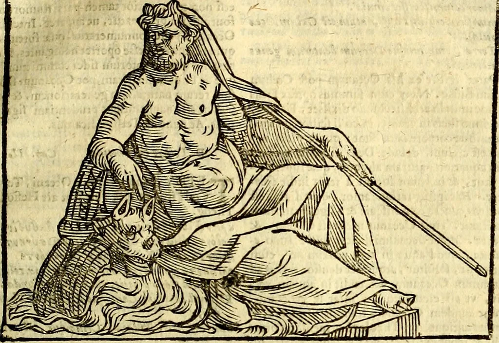 An illustration from Natalis Comitis Mythologiae, sive, Explicationis fabularum libri decem : in quibus omnia prope naturalis et moralis philosophiae dogmata in veterum fabulis contenta fuisse perspicuè demonstratur ... : accessit G. Linocerii Musarum mytholgia, & anonymi obseuationum in totam de dijs gentium narrationem libellus : adiectæ sunt ... editioni elegantissimæ deorum imagines, & eruditissimæ M. Antonij Tritonij Vtinensis .., 1637, leaf 474