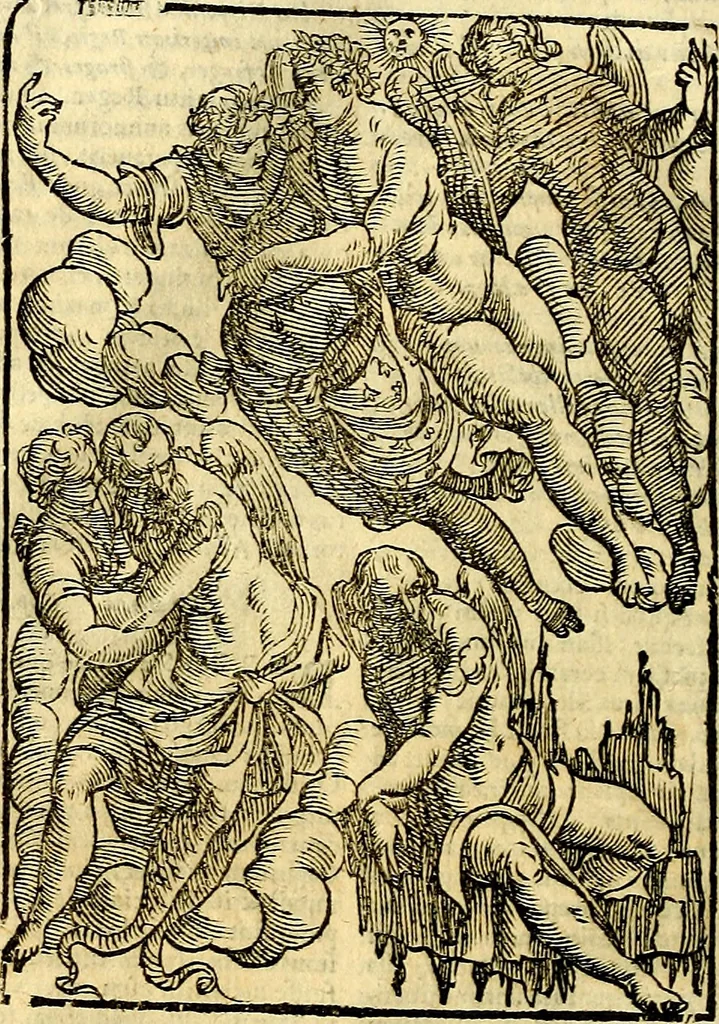 An illustration from Natalis Comitis Mythologiae, sive, Explicationis fabularum libri decem : in quibus omnia prope naturalis et moralis philosophiae dogmata in veterum fabulis contenta fuisse perspicuè demonstratur ... : accessit G. Linocerii Musarum mytholgia, & anonymi obseuationum in totam de dijs gentium narrationem libellus : adiectæ sunt ... editioni elegantissimæ deorum imagines, & eruditissimæ M. Antonij Tritonij Vtinensis .., 1637, leaf 499
