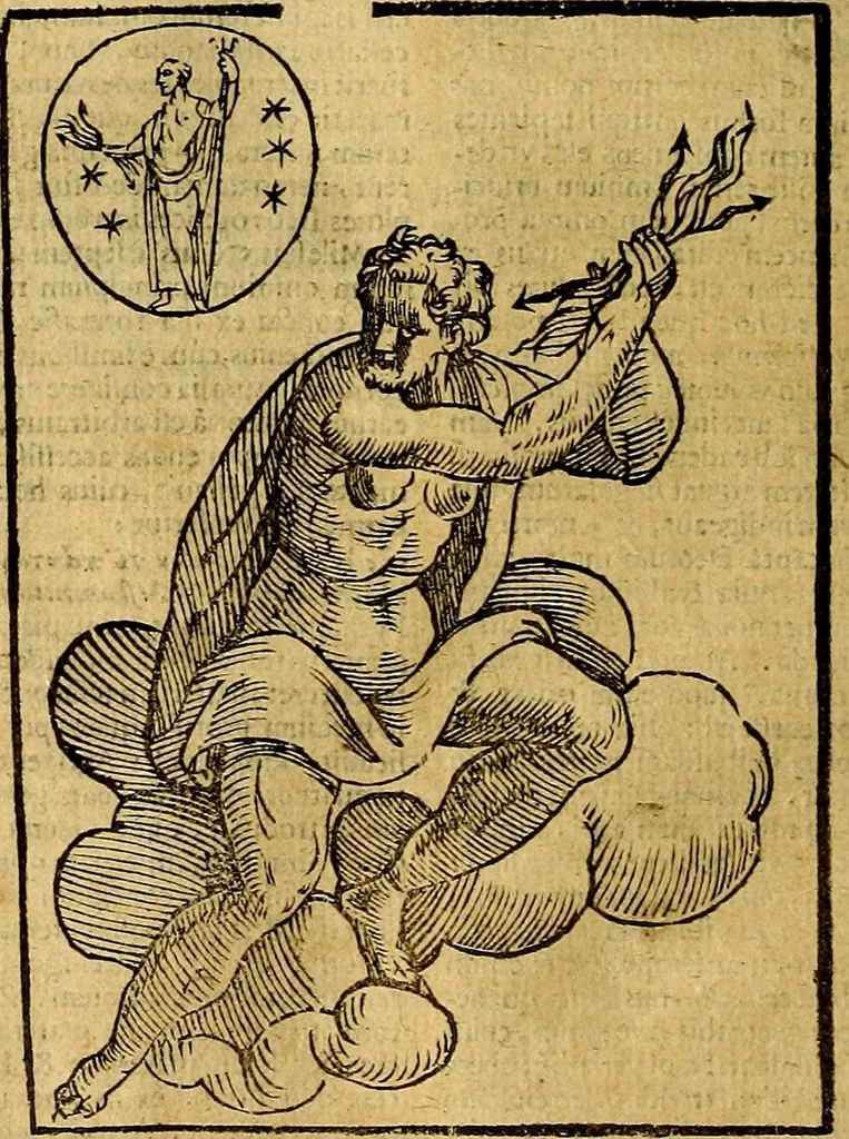An illustration from Natalis Comitis Mythologiae, sive, Explicationis fabularum libri decem : in quibus omnia prope naturalis et moralis philosophiae dogmata in veterum fabulis contenta fuisse perspicuè demonstratur ... : accessit G. Linocerii Musarum mytholgia, & anonymi obseuationum in totam de dijs gentium narrationem libellus : adiectæ sunt ... editioni elegantissimæ deorum imagines, & eruditissimæ M. Antonij Tritonij Vtinensis .., 1637, leaf 83