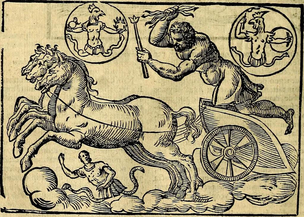An illustration from Natalis Comitis Mythologiae, sive, Explicationis fabularum libri decem : in quibus omnia prope naturalis et moralis philosophiae dogmata in veterum fabulis contenta fuisse perspicuè demonstratur ... : accessit G. Linocerii Musarum mytholgia, & anonymi obseuationum in totam de dijs gentium narrationem libellus : adiectæ sunt ... editioni elegantissimæ deorum imagines, & eruditissimæ M. Antonij Tritonij Vtinensis .., 1637, leaf 89