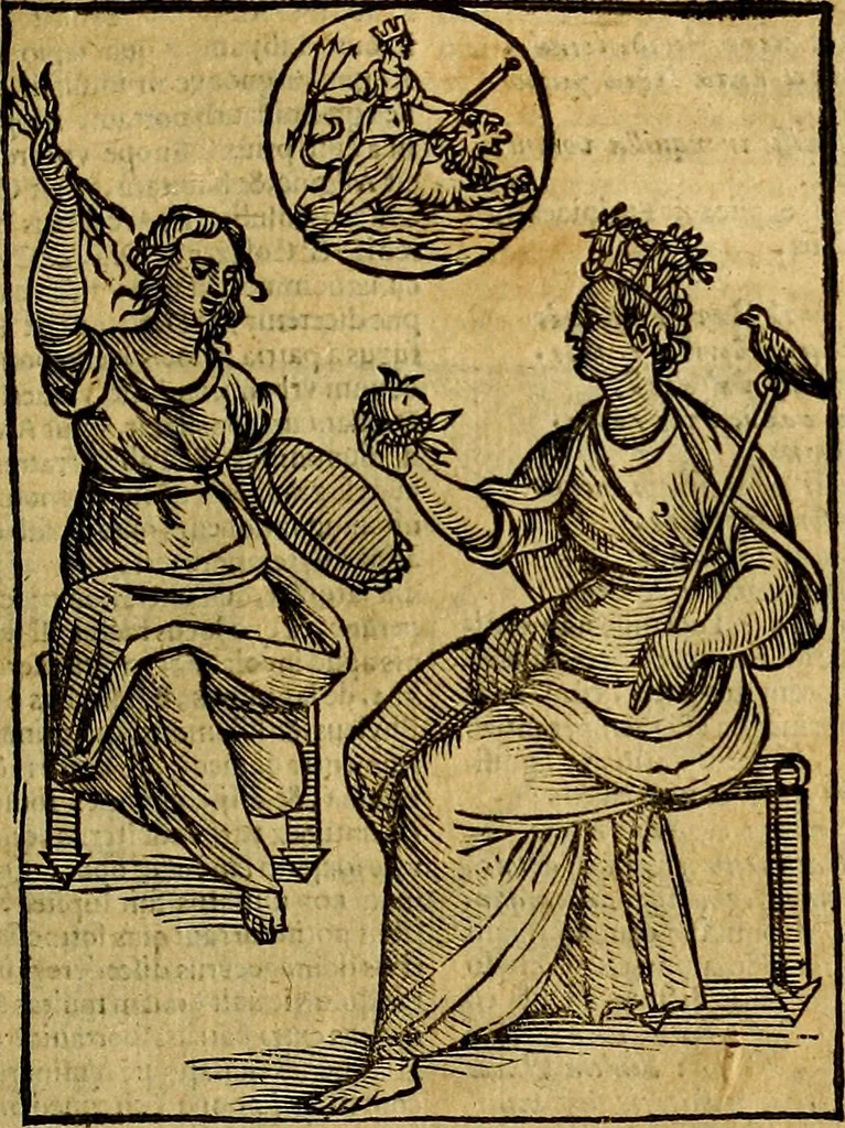 An illustration from Natalis Comitis Mythologiae, sive, Explicationis fabularum libri decem : in quibus omnia prope naturalis et moralis philosophiae dogmata in veterum fabulis contenta fuisse perspicuè demonstratur ... : accessit G. Linocerii Musarum mytholgia, & anonymi obseuationum in totam de dijs gentium narrationem libellus : adiectæ sunt ... editioni elegantissimæ deorum imagines, & eruditissimæ M. Antonij Tritonij Vtinensis .., 1637, leaf 92