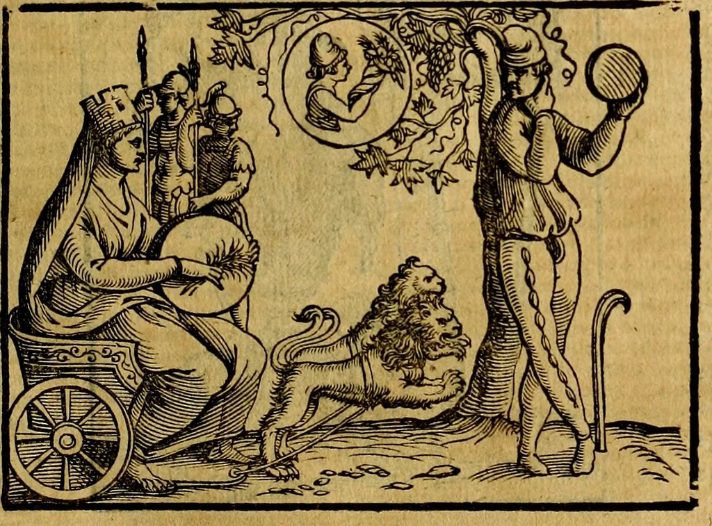 An illustration from Natalis Comitis Mythologiae, sive, Explicationis fabularum libri decem : in quibus omnia prope naturalis et moralis philosophiae dogmata in veterum fabulis contenta fuisse perspicuè demonstratur ... : accessit G. Linocerii Musarum mytholgia, & anonymi obseuationum in totam de dijs gentium narrationem libellus : adiectæ sunt ... editioni elegantissimæ deorum imagines, & eruditissimæ M. Antonij Tritonij Vtinensis .., 1637, leaf 94
