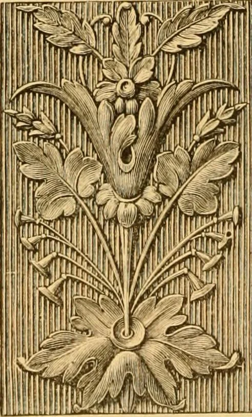 An illustration from Natural wood ornaments : for furniture manufacturers, architects, builders, interior decorators, stair builders, car builders, organ manufacturers, steamboat builders, etc., etc., 1883, leaf 19